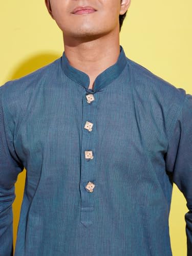 Image of VASTRAMAY Boys YUVA Boys' Midnight Blue and White Pure Cotton Kurta Pyjama Set