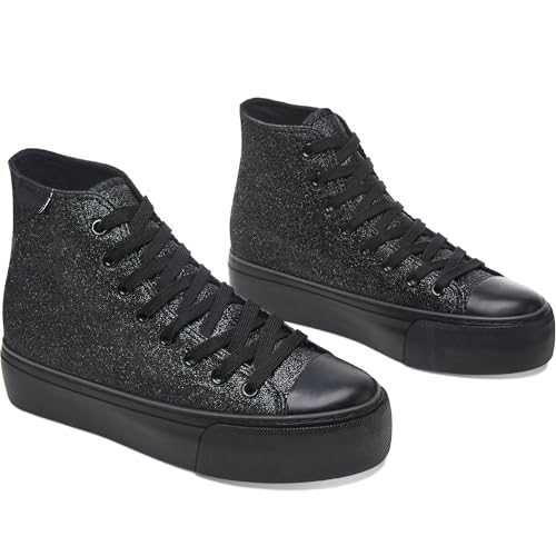 ALTOCIS High Top Glitter Sneakers Mid Top Platform Sparkly Sequin Shoes Women Cute Shiny Fashion Sneakers Bling Platform Walking Shoes(All Black Glitter US11)