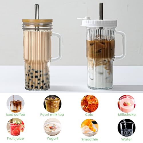 Image of 24oz Ribbed Glass Tumbler With Handle,4Pack Glass Cup with Lids and Straws,Reusable Glass Iced Coffee Cups With lids,Mason Jar Cup&Drinking Glasses for Smoothie,Shake,Juice,Soda Water,Tea,Travel