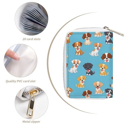 Pu Leather Zipper Slim Wallet Bag for Women, Blue Dog Prints Funny Credit Card Holder Organizer with 20 Card Slots Portable Mini Purse4