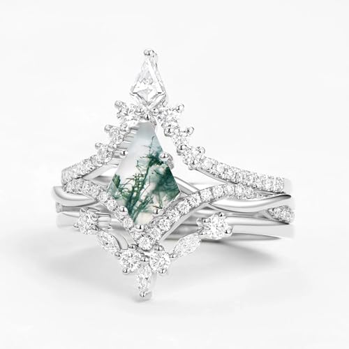 3PCS Natural Moss Agate Wedding Ring Set for Women with Moissanite 1CT Center Kite Cut Natural Moss Agate Ring Set Vintage Engagement Ring Set 925 Sterling Silver 10K 14K 18K Gold3