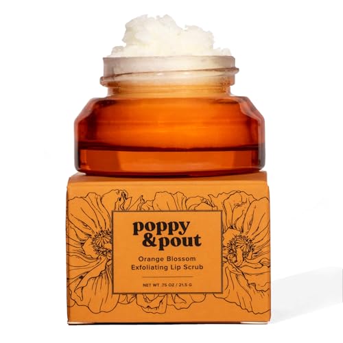 Poppy &amp; Pout Natural Lip Scrub, Moisturizing Sugar Scrub for Dry Lips, Lip Scrubber Exfoliator with Essential Oils Smooths and Hydrates Lips, In Recyclable Glass Jars, Cruelty Free - Orange Blossom