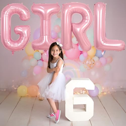 Image of 40 Inch Pastel Pink GIRL Balloons, Large Pearl Pink Girls Balloon Letters, Light Pink GIRL Mylar Banner Sign Alphabet Balloon for Girls Birthday Baby Shower Gender Reveal Party Decoration Supplies