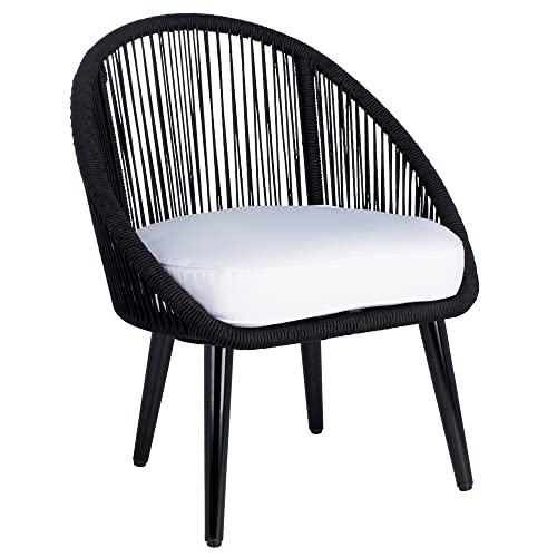 Image of DEVOKO Outdoor 4 Seater Patio Rope Garden Sectional Conversation Set with Cushioned Chair and Glass Top Table for Backyard, Pool, Terrace, Deck (Black & White)