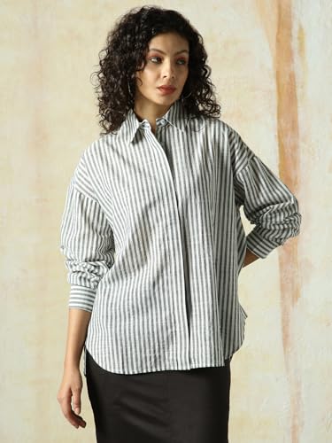 Image of HIGH Star Oversized Striped Cotton Shirt for Women | Stylish Tops for Women | Comfortable and Trendy Casual Shirt