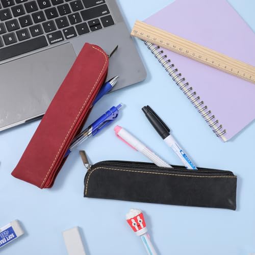 Image of Psyqtsuary Leather Pencil Case, 2 Pcs Slim Small Pencil Pouch Portable Flat Pen Pouch with Zipper Simple Makeup Bag Lipstick Case for Women Men Home, Office, Travel Outdoor (Black, Claret)