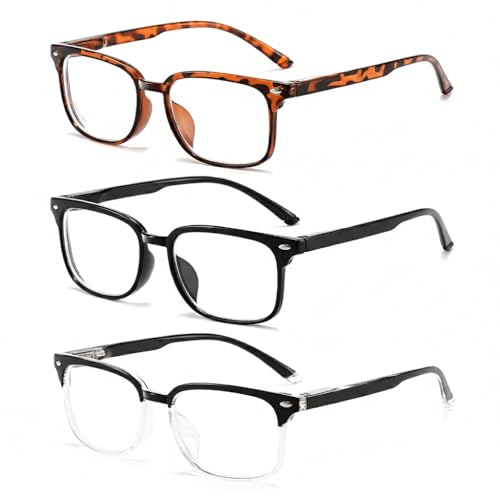 LRUOQI 3-Pack Nearsighted Glasses for Men Women TR90 Distance Vision Eyeglasses Flexible Spring Hinge Short-Sighted Glasses (-1.50)
