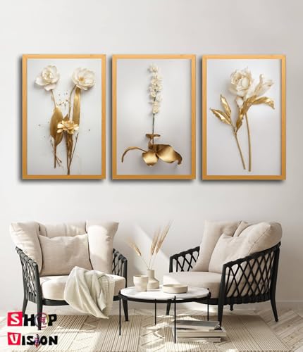 Quadro Decorativo 3 Peças Dourado Floral Branco Ouro Gold Sala Quarto Fácil Fixação com Fita Dupla F