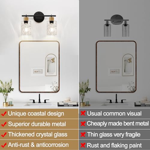 Image of MOKATNG Bathroom Light Fixtures, 2-Light Coastal Vanity Lights with Crystal Glass Shade, Brown and Gold Bathroom Wall Lamp for Mirror Kitchen Hallway Cabinet