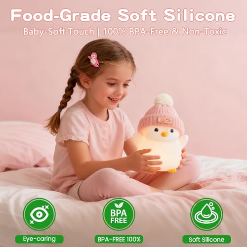Image of FAMIDUO Penguin Night Light for Kids,Pink Penguin Lamp with Knit Hat | Squishy Silicone,Rechargeable Dimmable Timer LED Bedside Lamp,Cute Animal Nightlight for Nursery,Gift for Boys Girls Toddlers