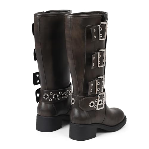 Image of AMINUGAL Knee High Boots Women Square Toe Pull On Wide Calf Riding Fashion Buckles Chunky Metallic Casual Vintage Buckle Rivet