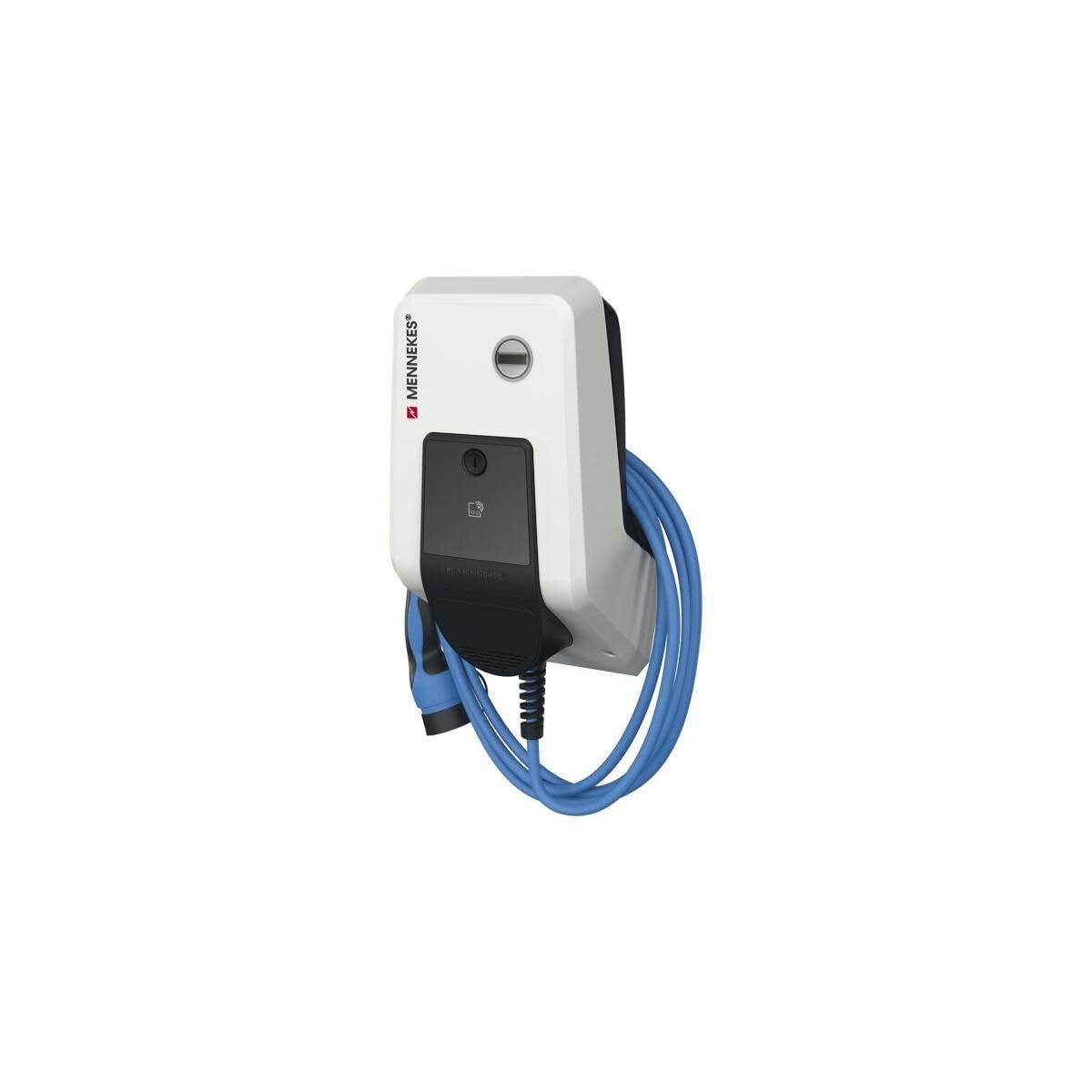 MENNEKES Amtron Professional 22 C2 Wallbox mounted on a wall with a blue charging cable coiled around it.