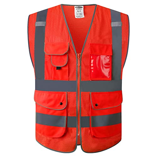 Image of JKSafety 9 Pockets High Visibility Safety Vest for Men and Women, Hi-Vis Reflective Red Safety Vests with Zipper Front, Meet ANSI /ISEA Standards (159-Red 4XL)