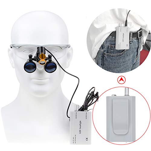 BONEW 3.5X Chirurgische Binokularlupen Optisches Glas + 5W LED-Scheinwerfer Kraftvolles Licht mit Clip-on-Typ + Stoffbeutel DY-008 (Silber)