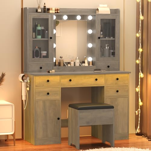 Wodeer Vanity Desk with Mirror and Lights, 43