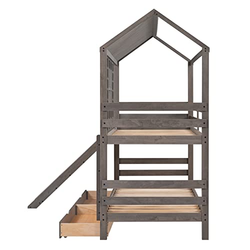 Harper & Bright Designs Twin Over Twin House Bunk Bed With Slide Wood Playhouse Bunk Beds With Storage Drawers Tree House Bunked Frame For Kids Girls Boys Teens, Antique Gray #TOP7