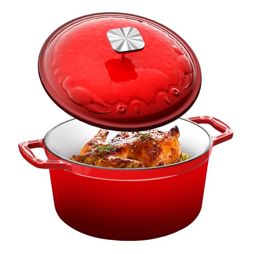 DUTZUN Dutch Oven Pot with Lid - Cast Iron Dutch Oven for Bread Baking Sourdough, Casserole and Braiser with Crab Lid, Square Knob, Nonslid Handles - Red