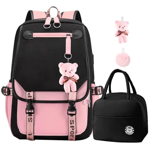 Digi4U Girls Backpack Middle School Students Bookbag with Lunch Box Set,School Backpack with USB Charge Port for Teens Girls Women 3+ Years(Blackpink)