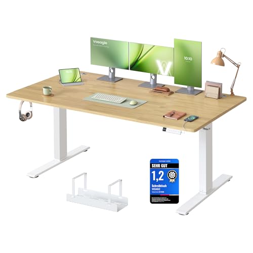 VASAGLE Höhenverstellbarer Schreibtisch, 160 x 80 cm, USB-C-Anschluss, Ablage für Steckdosenleiste, Stehtisch, Erinnerung bei langem Sitzen, 3 Speichertasten, für Büro, goldeichenfarben LSD146YA02