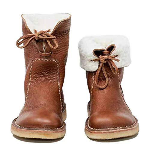 Crazyfly Bottes de neige pour femme avec tube pliable 16,3 cm Décontracté à lacets Bottes chaudes en cuir PU doublé polaire tête ronde Chaussures à talon bas pour l'hiver Cover