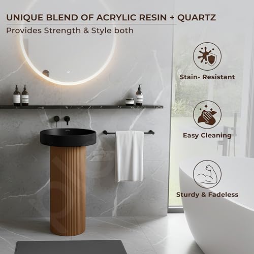 Plantex Acrylic Resin & Quartz Pedestal Basin for Bathroom/One Piece Pedestal Free Standing Round Wash Basin for living Room/Hotel (Black & Gold)