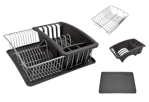 Metaltex Aquatex Plus - Scolapiatti con bacinella e vaschetta addizionale, Argento Metallizzato, 35x30x11 cm