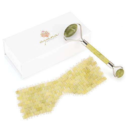 Green Jade Face Care Kit – Anti Aging Eye Mask With Jade Stones For Puffy Eyes and Dark Circles - Gua Sha Facial Jade Roller for Face Lymphatic Drainage – Look Younger and Fresher – Gentle Relaxation