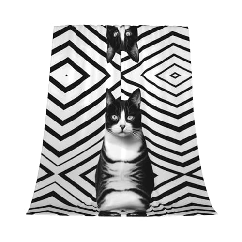 Couverture en flanelle chat noir et blanc plaid doux anti-pilling lit 152x203 cm
