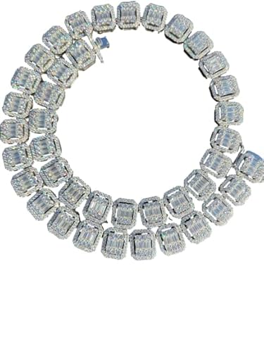 Icebros 925 Sterling Silver Baguette Moissanite 15Mm Tennis Square Shape Necklace Chain (Length 30", Width 15Mm, White Gold) #TOP14