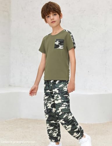 Image of mksodopy Boys Clothes Outfits Set, Camo Cargo Pants and Short Sleeve Pocket Tee 2PC Summer Tracksuit for Kids 5-16Y