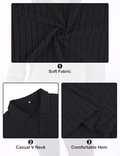 Image of Koscacy Women Plus Size Casual Knit Sweater Lapel V Neck Solid Color Tops Lightweight Long Sleeve Blouses