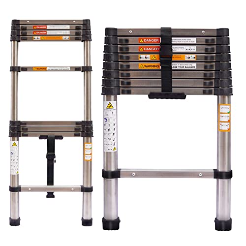 Teleskopleiter Professionelle 2,6 m Edelstahl-Teleskop-Auszugsleiter Leichte zusammenklappbare Leiter Tragbare kompakte Klappleiter für Zuhause im Freien, 73 cm gefaltete Größe, Silber Cover