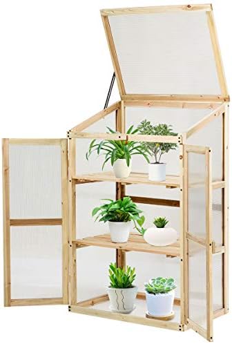 TANGZON 3-Tier Wooden Greenhouse, Mini Transparent Polycarbonate Glazing Cold Frame with 2 Doors and Top Cover, Outdoor Plants Flowers Herbs Vegetables Grow House for Garden Patio Courtyard
