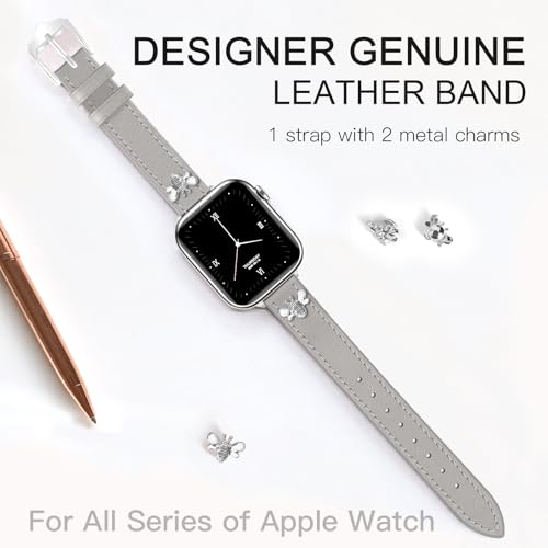 Image of JR.DM Slim Leather Bands Compatible with Apple Watch Band 38mm 40mm 41mm 42mm 44mm 45mm 46mm 49mm, Genuine Leather Band with Charms, Feminine Design for Iwatch Ultra SE Series 11 10 9 8 7 6 5 4 3 2 1