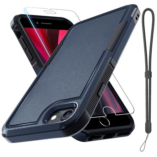 RMOCR Case for iPhone 8/7/SE 2022 2020, with Screen Protector,Military Grade Heavy Duty Shockproof Phone Cover with Wrist Lanyard Strap for iPhone 8/7/SE 2nd 3rd 4.7 inch,Navy Blue