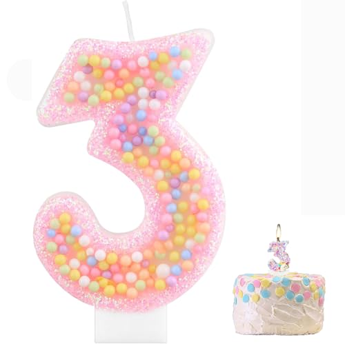Bessy shop Velas de aniversário, vela número 3, rosa macarrão com brilho 3D para bolos, velas 3D para aniversários, decoração de aniversário infantil, festas de meninas