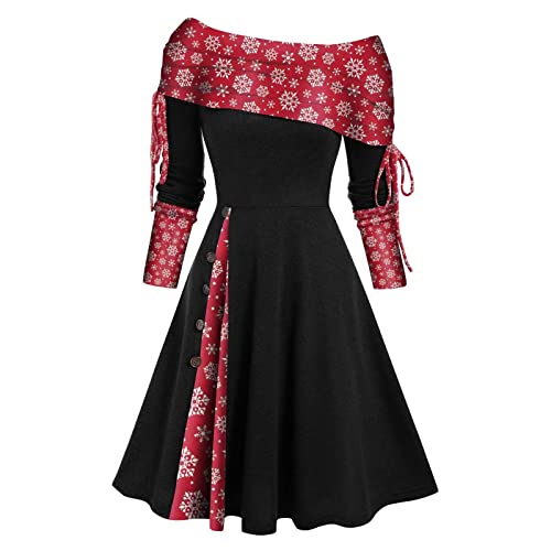 Retro Weihnachtskleid Damen, Kleid Weihnachten Damen Sexy Schulterfrei Weihnachts Kleider Mit Kariertes Schneeflocke Muster Partykleid Rockabilly...