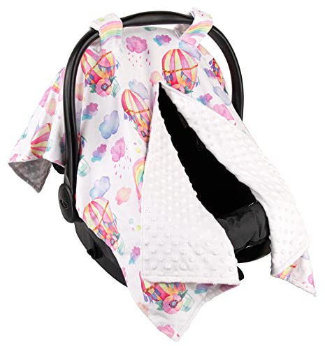 Image of Top Tots Deluxe Minky Baby Car Seat Cover - Rainbow Balloon and Clouds, 40 x 29 Inch White