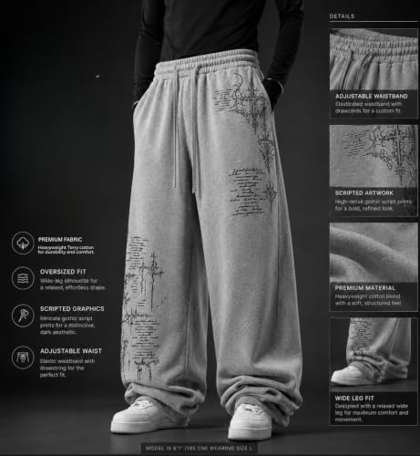 Image of Men's Grey Oversized Wide Leg Track Pants | 240 GSM Pure Cotton French Terry | Graphic Print | Baggy Relaxed Fit | Elastic Drawstring Waist | Casual Streetwear Sweatpants