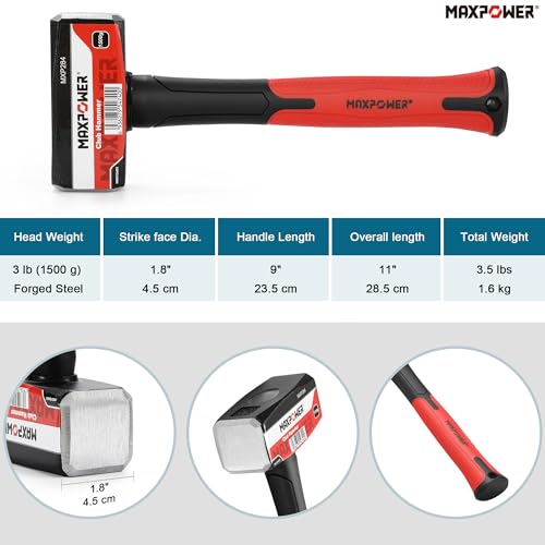 Image of MAXPOWER 3lb Club Hammer, Small Sledge Hammer with 9 inch Fiberglass Handle, Drop Forged Steel Head