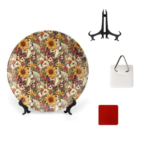 DULAHR Horse Sunflower Bone China Decorative Plate Ceramic Decorative Plate Home Wall Decor with Vertical Stand Decorative Plates