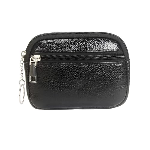 XENQITO 1 Piezas Pequeño Monedero Piel con 2 Compartimentos, Mini Monederos Cuero con Cremallera para Hombre Mujer, Carteras Fácil de Transportar con Llavero Organizador de Monedas de Bolsillo (Negro)