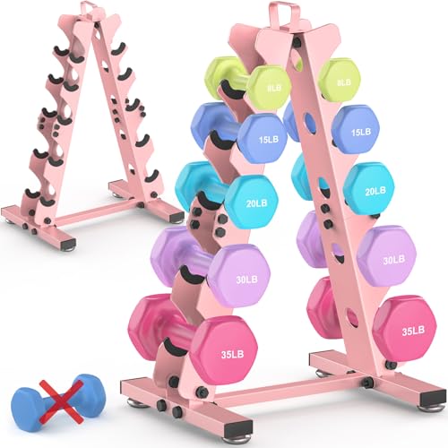 TomCare 5 Tier Dumbbell Rack Stand Only Weight Rack for Home Gym Dumbells (5-35 LB) Weight holders Stand Metal A-Frame Strength Training Dumbbell Holder with Handle (Dumbells not Included)-Pink