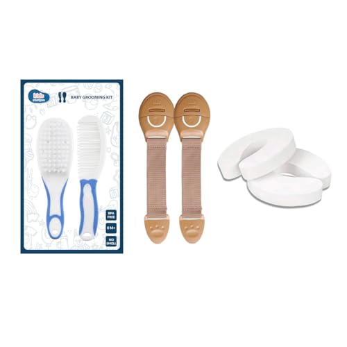 Image of Chipmunks Baby Proofing Finger Pinch Door Guard for Kids Safety, Made in India, Door Stopper Guard for Accidental Door Lock & Slamming for Child, Babies & Pet Safety (Multi, 2 Lock Beige+2 Door Stopper+1 Grooming Kit Blue)