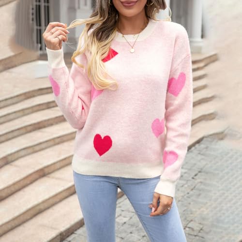 Image of Women's Valentine Love Print Heart Fun Sweater Casual Crewneck Long Sleeve Knit Sweatshirts Pullover Tops