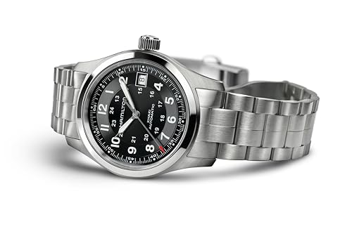 Image of Hamilton Khaki Field Automatic Men's Watch, 38mm Stainless Steel Case, Swiss Made, Black Dial Analog Wrist Watch for Men, 100m Waterproof, Sapphire Crystal, 3-Hand Movement, Stainless Steel Strap