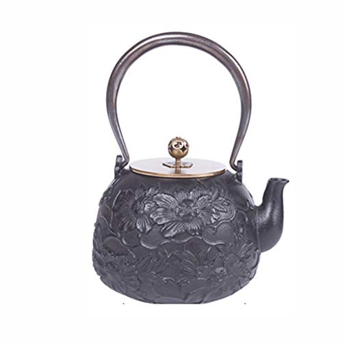 MaGiLL Teapot Creative Classic Design Beautifully Carved Peony Flower Blooming Cast Iron Pot Kettle