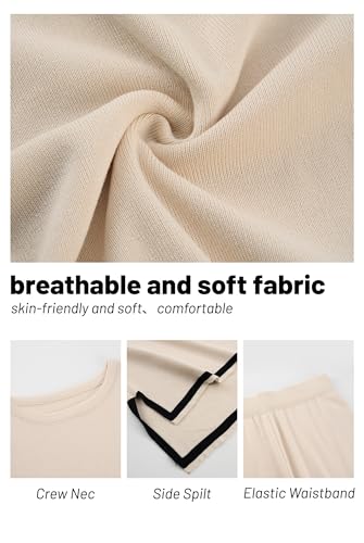 Image of Sweater Set Women 2 Piece Outfit, Beige Lounge Sets for Women with Elastic Waist, Crew Neck, Side Split, Coords Set Women