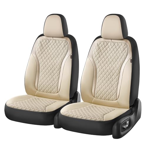 Image of Coverado Front Seat Covers, 2-Pack Luxury Leather Car Seat Cover with Carbon Fiber Weave, Waterproof Car Seat Protectors, Spill-Proof Car Seat Cushion, Beige Seat Covers Universal Fit for Most Cars