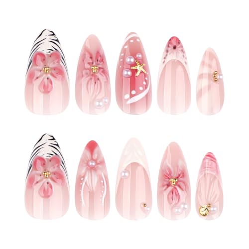 Image of Flower Press on Nails Pink Fake Nails French Tip Nail Press ons with Pearl Design Glossy Full Cover Medium Almond Floral Glue on Nail for Women Girls Manicure 24Pcs
